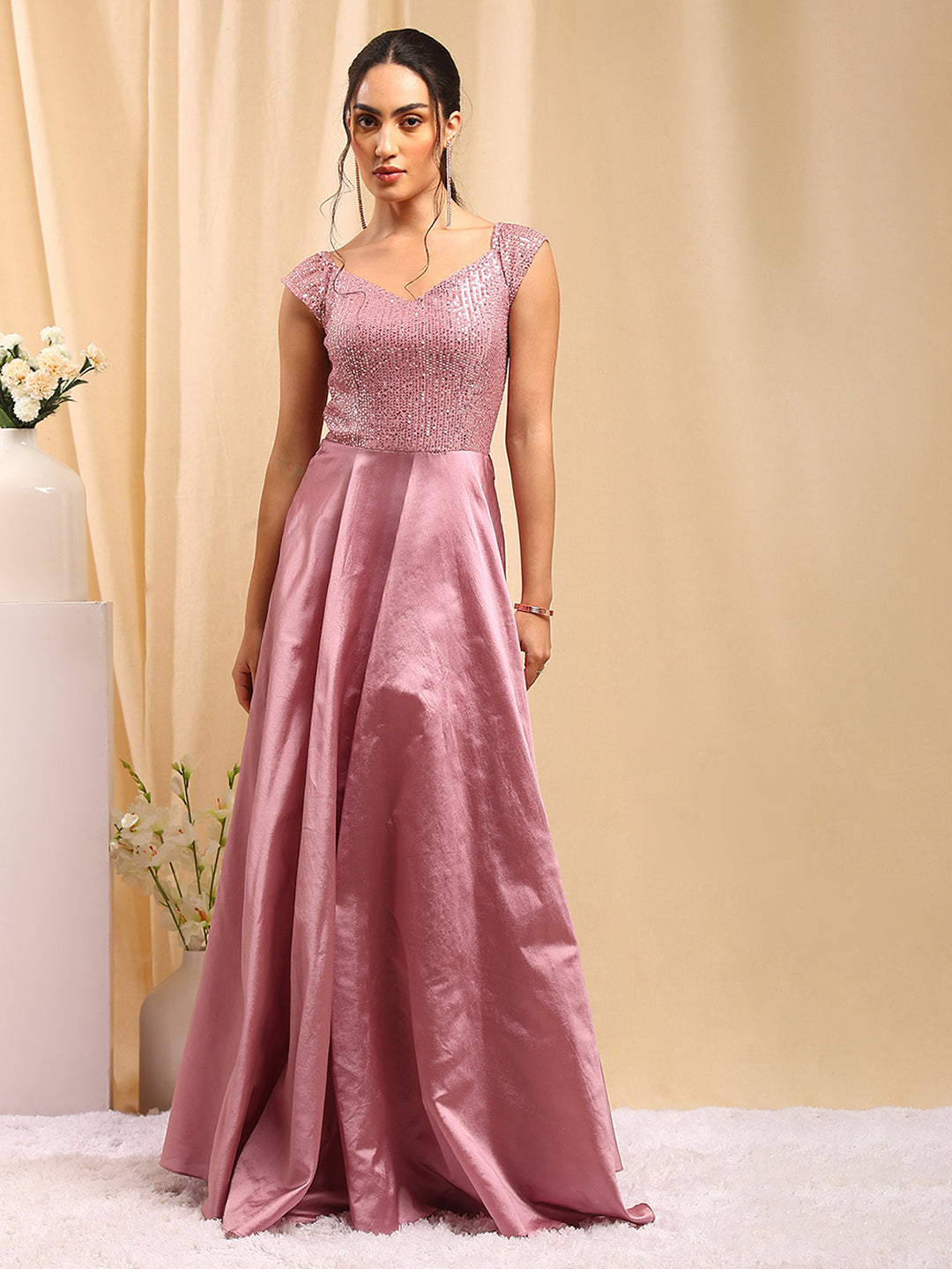 Buy Dusty Pink Sequins Embroidered Net Evening Gown Online | Samyakk